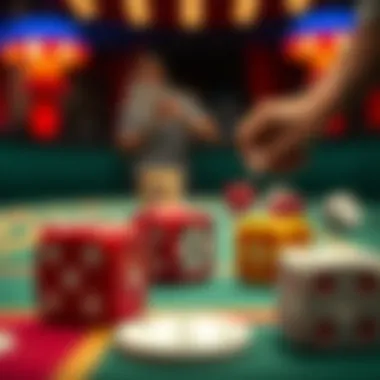 A close-up of colorful dice used in a game of craps.