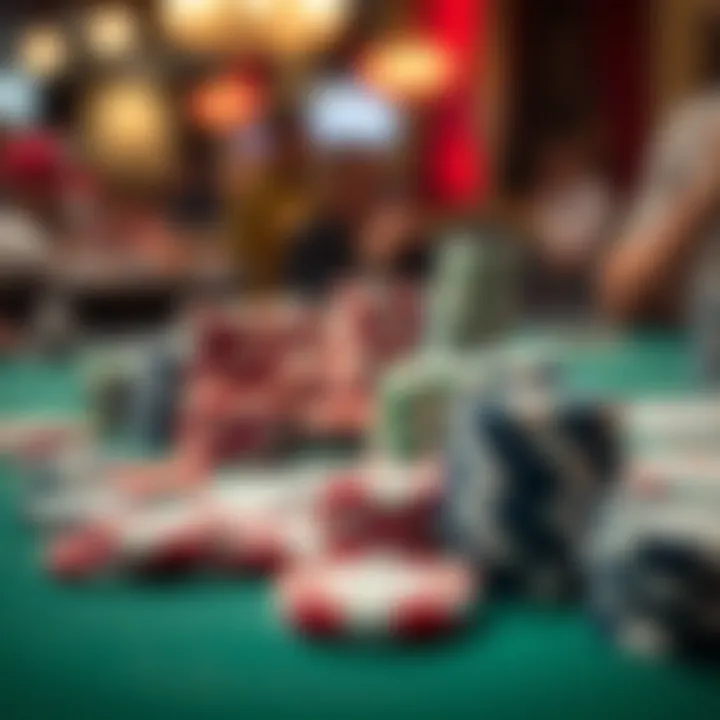 Close-up of poker chips and cards on a table during a tournament