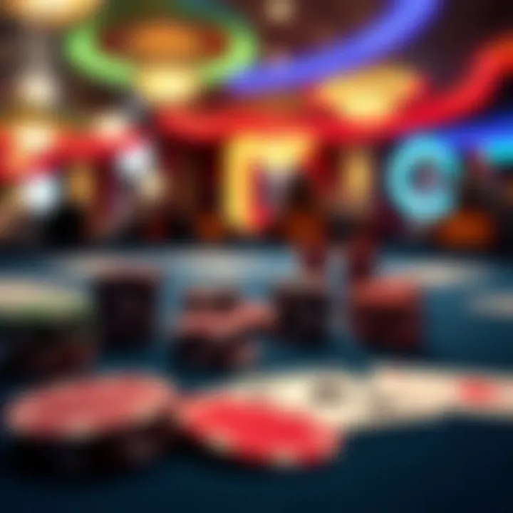 Close-up of poker chips and cards on a table, highlighting the excitement of the game