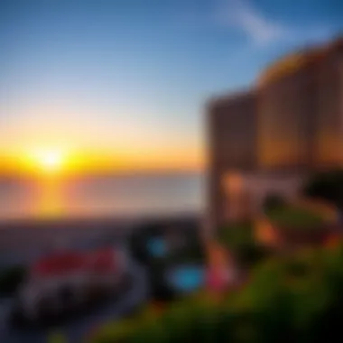 A breathtaking view of a famous casino resort in Mexico at sunset