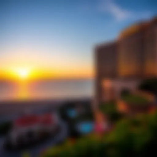 A breathtaking view of a famous casino resort in Mexico at sunset