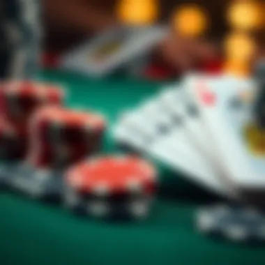 A close-up of poker chips and cards in action