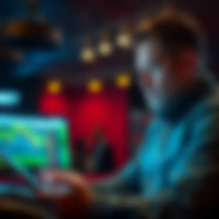 A thoughtful individual analyzing statistics and placing a bet on a digital device