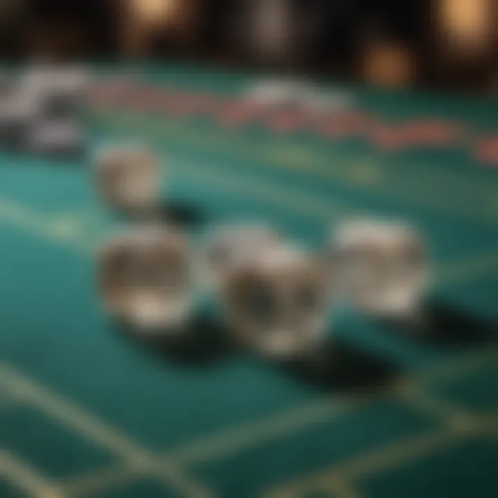 Close-up of dice on a virtual craps table emphasizing gameplay