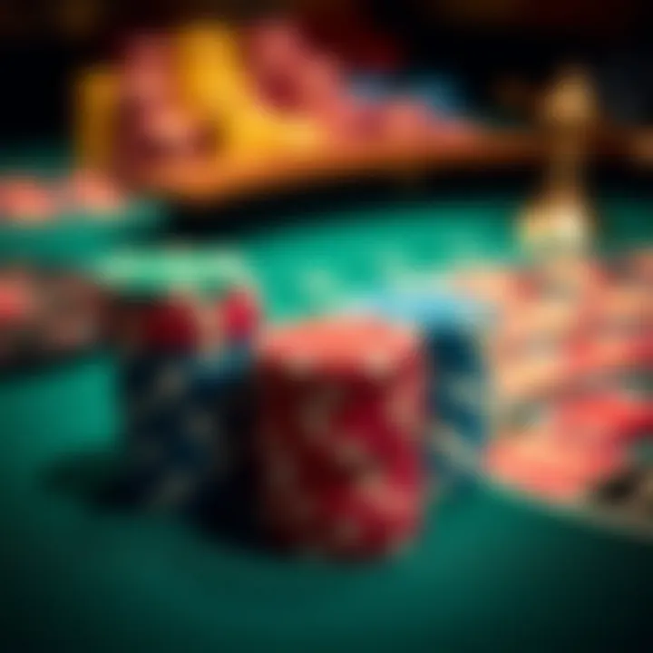 A close-up of roulette chips in various colors stacked on a gaming table