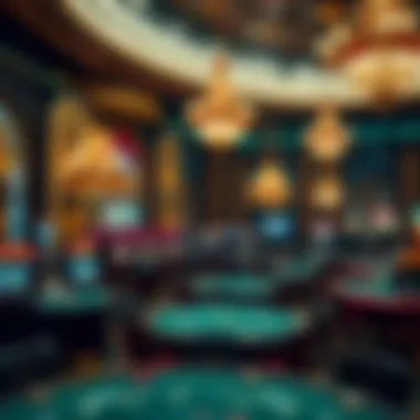 A luxurious casino interior filled with opulent decor and gaming tables, representing extravagance.