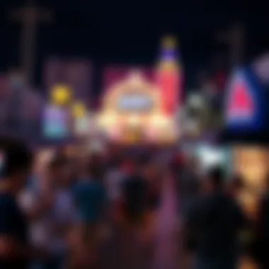 A bustling tourist scene with diverse attractions and lively street performances, highlighting cultural richness.