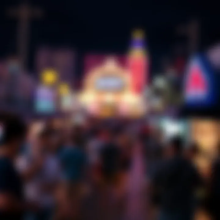 A bustling tourist scene with diverse attractions and lively street performances, highlighting cultural richness.