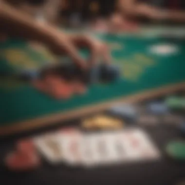 Close-up of a gaming table featuring vibrant chips and cards.