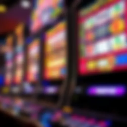 Close-up of a slot machine display with vibrant graphics and spinning reels