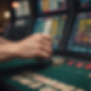 Close-up of a bettor placing a wager at a sports betting terminal.