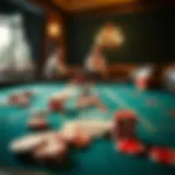 A classic Blackjack 21 table setup with cards and chips.