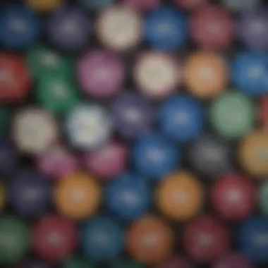 A collection of colorful poker chips displaying different denominations